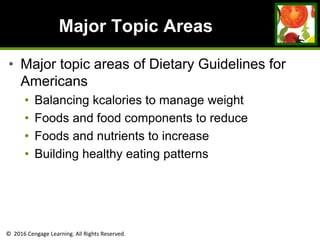 © 2016 Cengage Learning. All Rights Reserved.
Major Topic Areas
• Major topic areas of Dietary Guidelines for
Americans
• Balancing kcalories to manage weight
• Foods and food components to reduce
• Foods and nutrients to increase
• Building healthy eating patterns
 