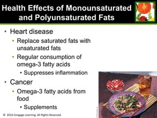 © 2016 Cengage Learning. All Rights Reserved.
Health Effects of Monounsaturated
and Polyunsaturated Fats
• Heart disease
• Replace saturated fats with
unsaturated fats
• Regular consumption of
omega-3 fatty acids
• Suppresses inflammation
• Cancer
• Omega-3 fatty acids from
food
• Supplements
 