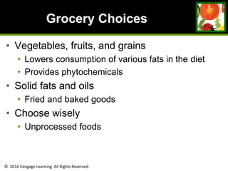 © 2016 Cengage Learning. All Rights Reserved.
Grocery Choices
• Vegetables, fruits, and grains
• Lowers consumption of various fats in the diet
• Provides phytochemicals
• Solid fats and oils
• Fried and baked goods
• Choose wisely
• Unprocessed foods
 