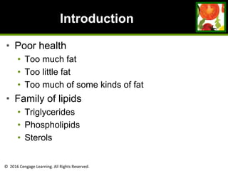 © 2016 Cengage Learning. All Rights Reserved.
Introduction
• Poor health
• Too much fat
• Too little fat
• Too much of some kinds of fat
• Family of lipids
• Triglycerides
• Phospholipids
• Sterols
 
