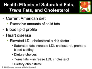 © 2016 Cengage Learning. All Rights Reserved.
Health Effects of Saturated Fats,
Trans Fats, and Cholesterol
• Current American diet
• Excessive amounts of solid fats
• Blood lipid profile
• Heart disease
• Elevated LDL cholesterol a risk factor
• Saturated fats increase LDL cholesterol, promote
blood clotting
• Dietary choices
• Trans fats – increase LDL cholesterol
• Dietary cholesterol
 