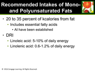 © 2016 Cengage Learning. All Rights Reserved.
Recommended Intakes of Mono-
and Polyunsaturated Fats
• 20 to 35 percent of kcalories from fat
• Includes essential fatty acids
• AI have been established
• DRI
• Linoleic acid: 5-10% of daily energy
• Linolenic acid: 0.6-1.2% of daily energy
 