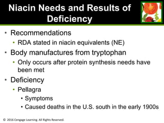 © 2016 Cengage Learning. All Rights Reserved.
Niacin Needs and Results of
Deficiency
• Recommendations
• RDA stated in niacin equivalents (NE)
• Body manufactures from tryptophan
• Only occurs after protein synthesis needs have
been met
• Deficiency
• Pellagra
• Symptoms
• Caused deaths in the U.S. south in the early 1900s
 