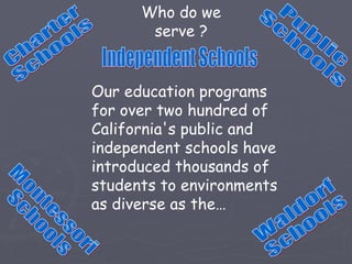 Who do we
       serve ?


Our education programs
for over two hundred of
California's public and
independent schools have
introduced thousands of
students to environments
as diverse as the…
 