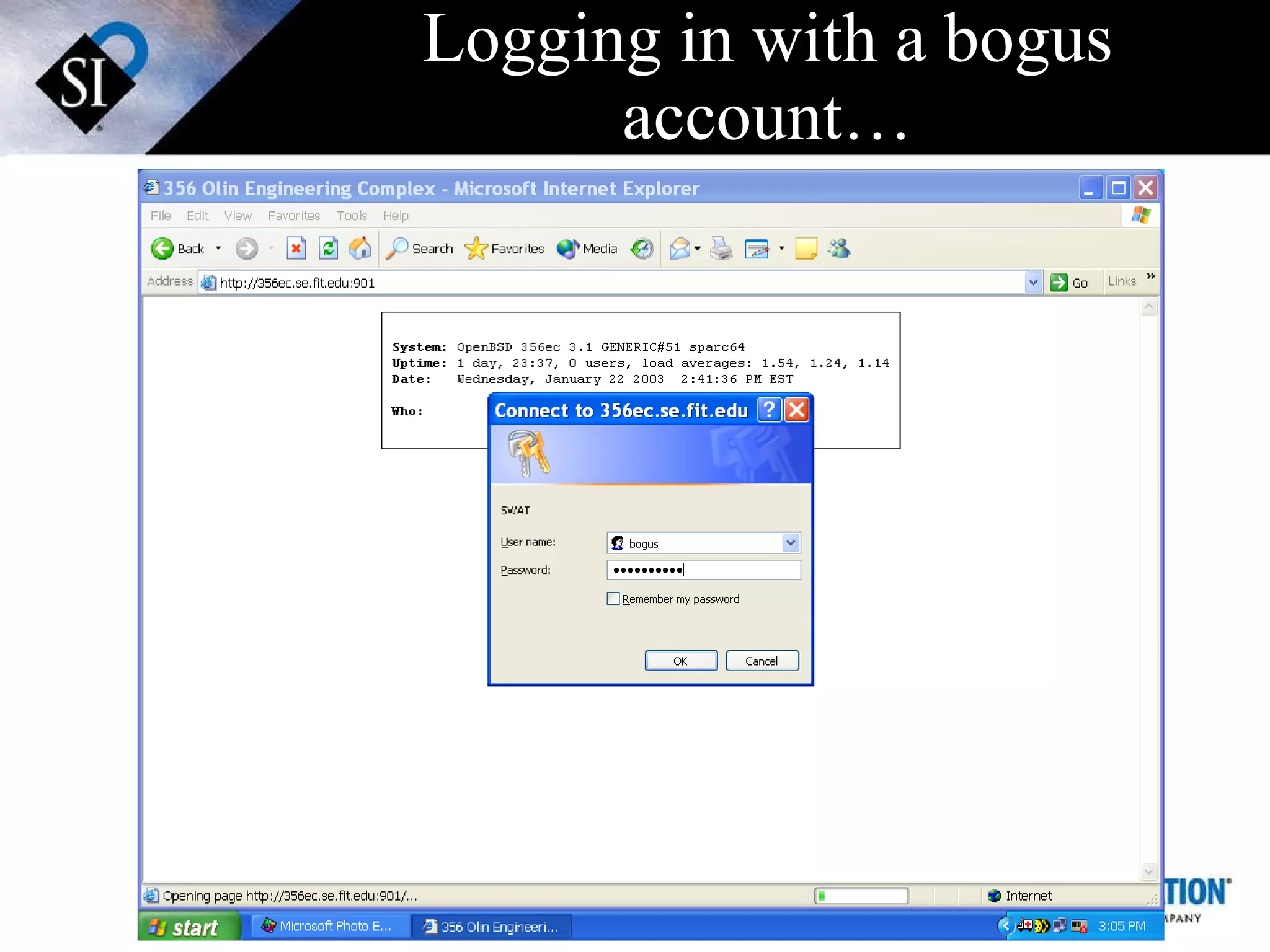 Logging in with a bogus account… 