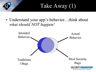 Take Away (1) Understand your app’s behavior…think about  what should NOT happen! Intended Behavior Actual Behavior Traditional Bugs Most Security Bugs 