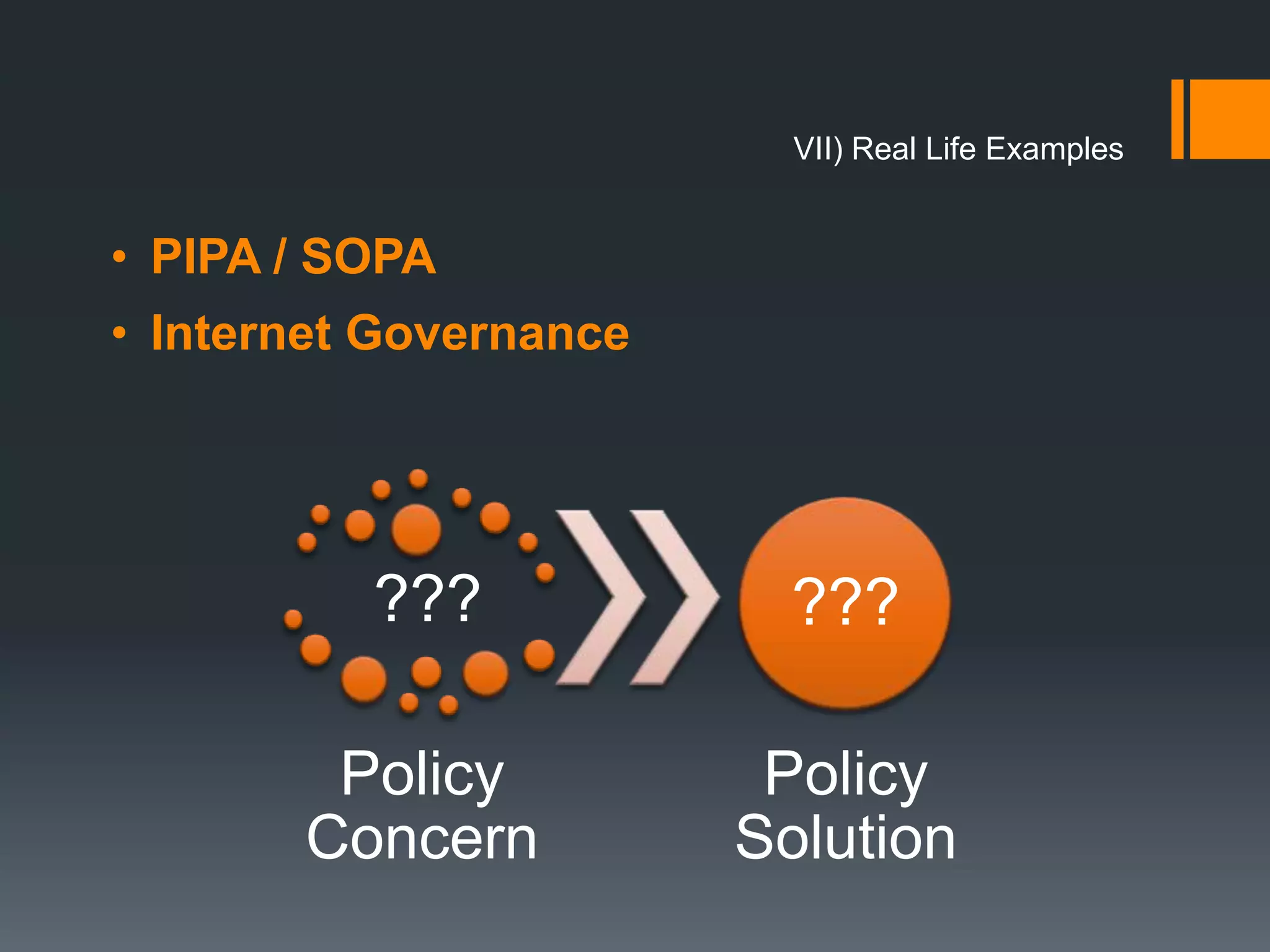VII) Real Life Examples


• PIPA / SOPA
• Internet Governance




          ???             ???

        Policy           Policy
       Concern          Solution
 