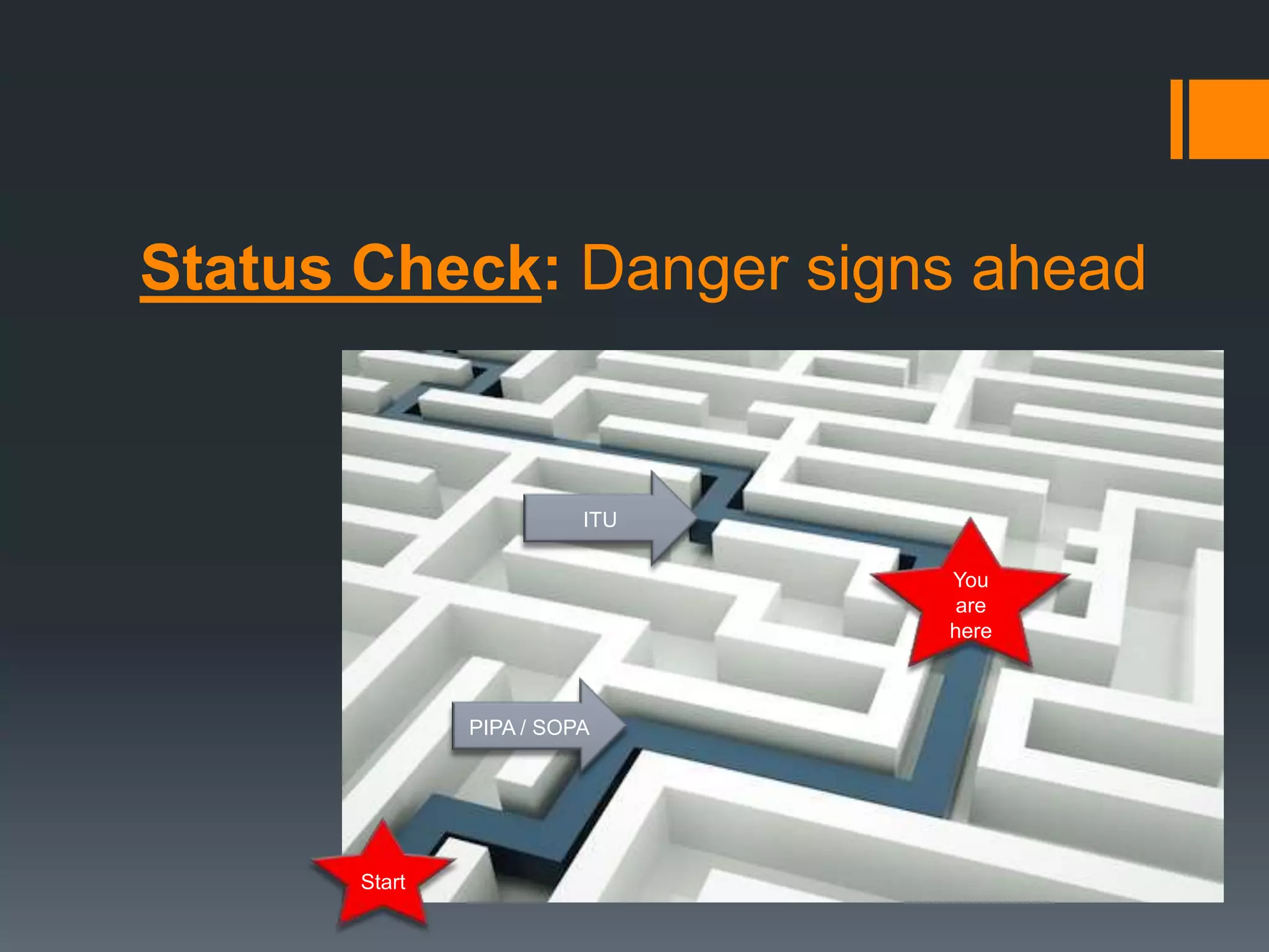 Status Check: Danger signs ahead


                         ITU

                               You
                                are
                               here



               PIPA / SOPA




       Start
 