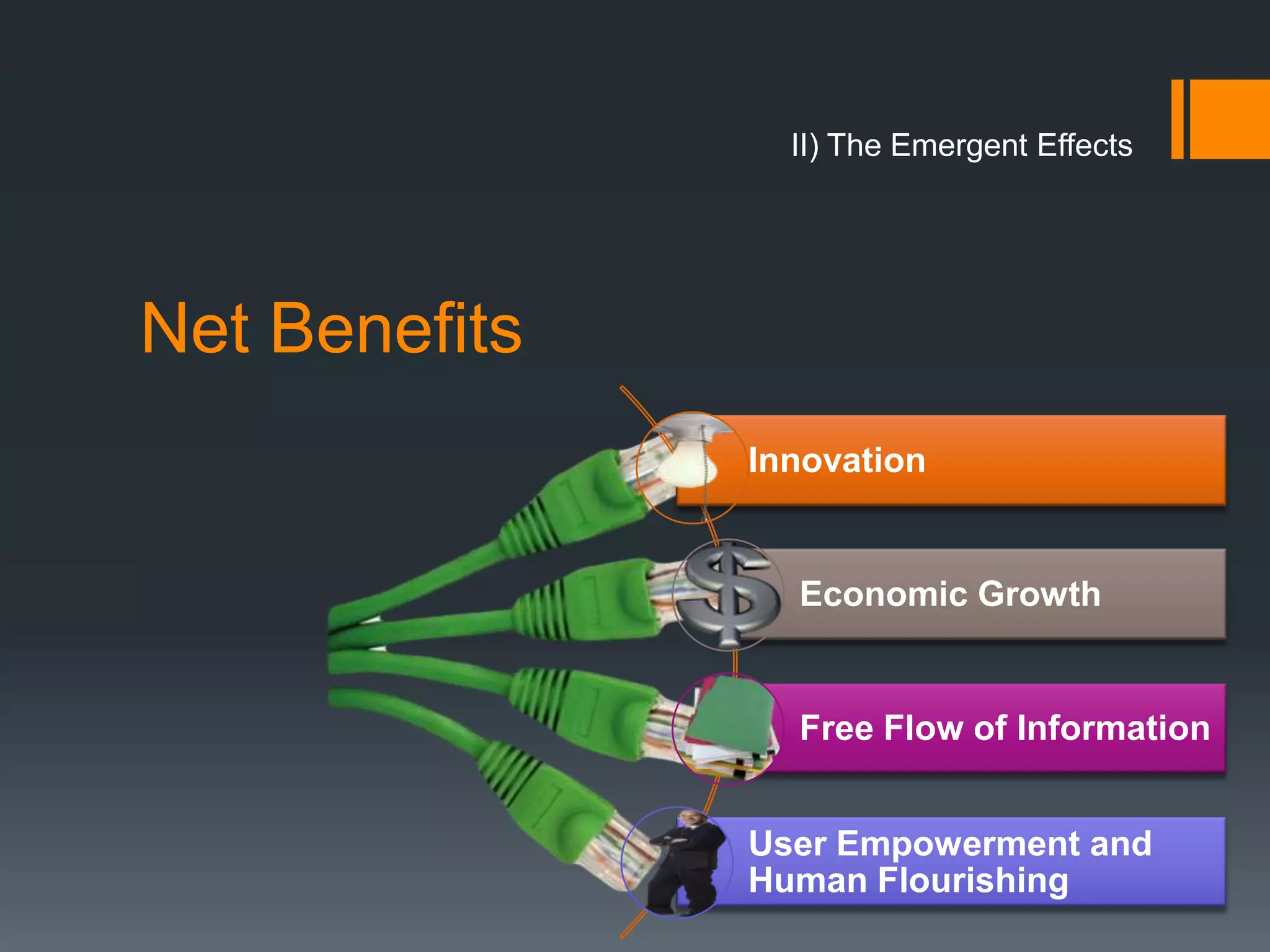 II) The Emergent Effects




Net Benefits
               Innovation


                 Economic Growth


                 Free Flow of Information


               User Empowerment and
               Human Flourishing
 