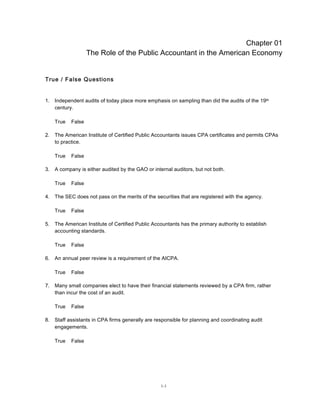 1-1 
Chapter 01 
The Role of the Public Accountant in the American Economy 
True / False Questions 
1. 
Independent audits of today place more emphasis on sampling than did the audits of the 19th 
century. 
True False 
2. 
The American Institute of Certified Public Accountants issues CPA certificates and permits CPAs 
to practice. 
True False 
3. 
A company is either audited by the GAO or internal auditors, but not both. 
True False 
4. 
The SEC does not pass on the merits of the securities that are registered with the agency. 
True False 
5. 
The American Institute of Certified Public Accountants has the primary authority to establish 
accounting standards. 
True False 
6. 
An annual peer review is a requirement of the AICPA. 
True False 
7. 
Many small companies elect to have their financial statements reviewed by a CPA firm, rather 
than incur the cost of an audit. 
True False 
8. 
Staff assistants in CPA firms generally are responsible for planning and coordinating audit 
engagements. 
True False 
 