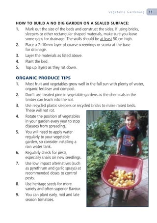 Ve g e t a b l e G a rd e n i n g   11

HOW TO BUILD A NO DIG GARDEN ON A SEALED SURFACE:
1.   Mark out the size of the beds and construct the sides. If using bricks,
     sleepers or other rectangular shaped materials, make sure you leave
     some gaps for drainage. The walls should be at least 50 cm high.
2.   Place a 7–10mm layer of coarse screenings or scoria at the base
     for drainage.
3.   Layer the materials as listed above.
4.   Plant the bed.
5.   Top up layers as they rot down.

ORGANIC PRODUCE TIPS
1. Most fruit and vegetables grow well in the full sun with plenty of water,
   organic fertiliser and compost.
2. Don’t use treated pine in vegetable gardens as the chemicals in the
   timber can leach into the soil.
3. Use recycled plastic sleepers or recycled bricks to make raised beds.
   These will not rot.
4. Rotate the position of vegetables
   in your garden every year to stop
   diseases from spreading.
5. You will need to apply water
   regularly to your vegetable
   garden, so consider installing a
   rain water tank.
6. Regularly check for pests,
   especially snails on new seedlings.
7. Use low impact alternatives (such
   as pyrethrum and garlic sprays) at
   recommended doses to control
   pests.
8. Use heritage seeds for more
   variety and often superior flavour.
9. You can plant early, mid and late
   season tomatoes.
 
