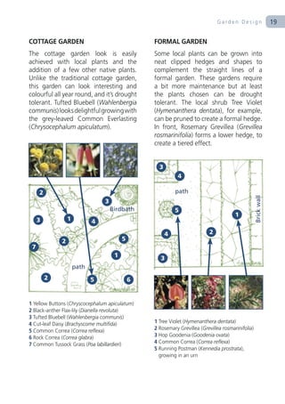 Garden Design                    19

COTTAGE GARDEN                                    FORMAL GARDEN
The cottage garden look is easily                 Some local plants can be grown into
achieved with local plants and the                neat clipped hedges and shapes to
addition of a few other native plants.            complement the straight lines of a
Unlike the traditional cottage garden,            formal garden. These gardens require
this garden can look interesting and              a bit more maintenance but at least
colourful all year round, and it’s drought        the plants chosen can be drought
tolerant. Tufted Bluebell (Wahlenbergia           tolerant. The local shrub Tree Violet
communis) looks delightful growing with           (Hymenanthera dentata), for example,
the grey-leaved Common Everlasting                can be pruned to create a formal hedge.
(Chrysocephalum apiculatum).                      In front, Rosemary Grevillea (Grevillea
                                                  rosmarinifolia) forms a lower hedge, to
                                                  create a tiered effect.


                                                    3
                                                             4

     2                                                      path




                                                                                                    Brick wall
                                 3
                                     Birdbath               5
                                                                                        1
     3            1          4

                                                        4                   2
              2                           5
 7
                                      1              3
                      path
         2                   5                6


1 Yellow Buttons (Chryscocephalum apiculatum)
2 Black-anther Flax-lily (Dianella revoluta)
3 Tufted Bluebell (Wahlenbergia communis)
4 Cut-leaf Daisy (Brachyscome multifida)          1 Tree Violet (Hymenanthera dentata)
5 Common Correa (Correa reflexa)                  2 Rosemary Grevillea (Grevillea rosmarinifolia)
6 Rock Correa (Correa glabra)                     3 Hop Goodenia (Goodenia ovata)
7 Common Tussock Grass (Poa labillardieri)        4 Common Correa (Correa reflexa)
                                                  5 Running Postman (Kennedia prostrata),
                                                    growing in an urn
 