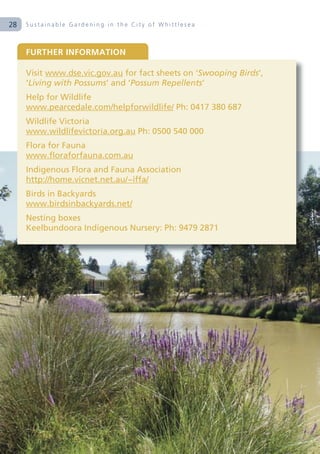 28   Sustainable Gardening in the City of Whittlesea



     FURTHER INFORMATION

     Visit www.dse.vic.gov.au for fact sheets on ‘Swooping Birds’,
     ‘Living with Possums’ and ‘Possum Repellents’
     Help for Wildlife
     www.pearcedale.com/helpforwildlife/ Ph: 0417 380 687
     Wildlife Victoria
     www.wildlifevictoria.org.au Ph: 0500 540 000
     Flora for Fauna
     www.floraforfauna.com.au
     Indigenous Flora and Fauna Association
     http://home.vicnet.net.au/~iffa/
     Birds in Backyards
     www.birdsinbackyards.net/
     Nesting boxes
     Keelbundoora Indigenous Nursery: Ph: 9479 2871
 