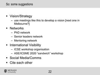 22
So: some suggestions
▪ Vision/Strategy
– use meetings like this to develop a vision [next one in
Melbourne?]
▪ Networks
– PhD network
– Senior leaders network
– Mentoring network
▪ International Visibility
– ICSE workshop organisation
– ASE/ICSME 2020 “sandwich” workshop
▪ Social Media/Comms
▪ Cite each other
 