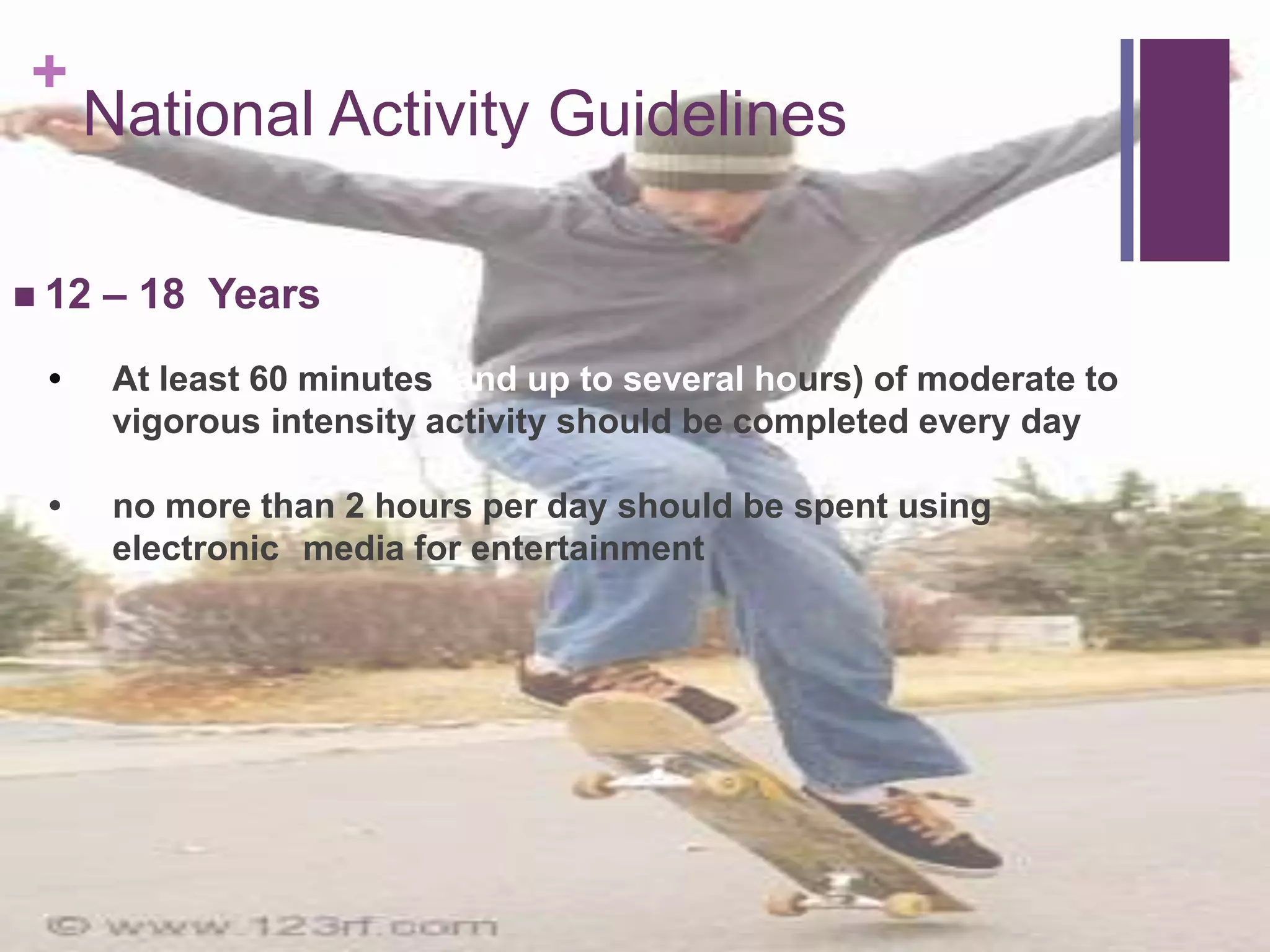 +
     National Activity Guidelines

 12   – 18 Years
 •     At least 60 minutes (and up to several hours) of moderate to
       vigorous intensity activity should be completed every day

 •     no more than 2 hours per day should be spent using
       electronic media for entertainment
 