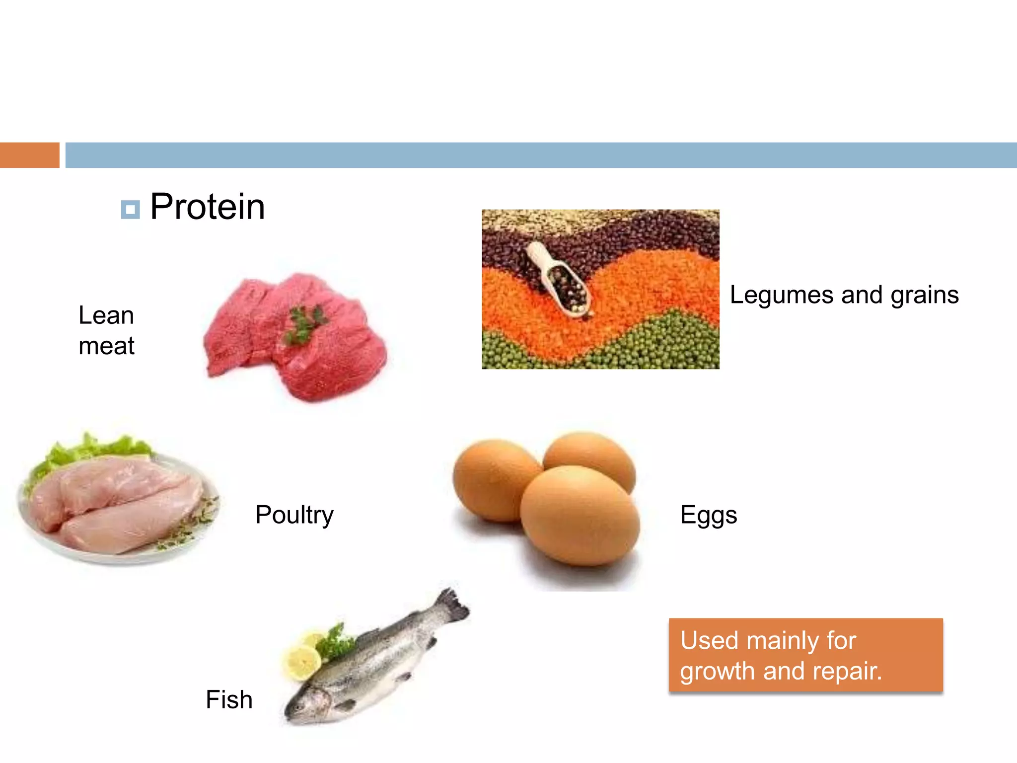 Protein


                            Legumes and grains
Lean
meat




              Poultry   Eggs



                        Used mainly for
                        growth and repair.
       Fish
 