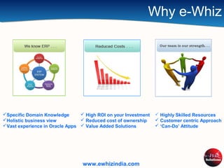 Why e-Whiz
Specific Domain Knowledge
Holistic business view
Vast experience in Oracle Apps
 High ROI on your Investment
 Reduced cost of ownership
 Value Added Solutions
 Highly Skilled Resources
 Customer centric Approach
 ‘Can-Do’ Attitude
www.ewhizindia.com
 