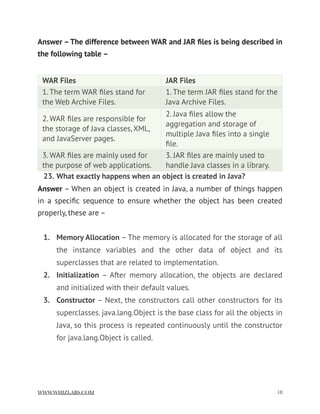 Answer –The difference between WAR and JAR ﬁles is being described in
the following table –
23. What exactly happens when an object is created in Java?
Answer – When an object is created in Java, a number of things happen
in a speciﬁc sequence to ensure whether the object has been created
properly, these are –
1. Memory Allocation – The memory is allocated for the storage of all
the instance variables and the other data of object and its
superclasses that are related to implementation.
2. Initialization – After memory allocation, the objects are declared
and initialized with their default values.
3. Constructor – Next, the constructors call other constructors for its
superclasses. java.lang.Object is the base class for all the objects in
Java, so this process is repeated continuously until the constructor
for java.lang.Object is called.
WAR Files JAR Files
1. The term WAR ﬁles stand for
the Web Archive Files.
1. The term JAR ﬁles stand for the
Java Archive Files.
2. WAR ﬁles are responsible for
the storage of Java classes, XML,
and JavaServer pages.
2. Java ﬁles allow the
aggregation and storage of
multiple Java ﬁles into a single
ﬁle.
3. WAR ﬁles are mainly used for
the purpose of web applications.
3. JAR ﬁles are mainly used to
handle Java classes in a library.
WWW.WHIZLABS.COM !18
 