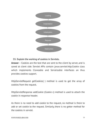 55. Explain the working of cookies in Servlets.
Answer – Cookies are the text that are sent to the client by server, and is
saved at client side. Servlet APIs contain javax.servlet.http.Cookie class
which implements Cloneable and Serializable interfaces an thus
provides cookies support.
HttpServletRequest getCookies( ) method is used to get the array of
cookies from the request.
HttpServletResponse addCookie (Cookie c) method is used to attach the
cookie in response header.
As there is no need to add cookie to the request, no method is there to
add or set cookie to the request. Similarly, there is no getter method for
the cookies in servlet.
WWW.WHIZLABS.COM !39
 
