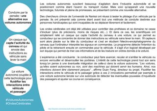 Les voitures autonomes suscitent beaucoup d’agitation dans l’industrie automobile et se
positionnent comme étant l’avenir du transport routier. Mais voici qu'apparaît une nouvelle
technologie, futuriste et pleine de promesses, se présentant comme une nouvelle alternative.
Des chercheurs chinois de l’université de Nankai ont réussi à tester le pilotage d'un véhicule par la
pensée. Ils ont présenté cela comme étant avant tout une méthode de conduite destinée aux
personnes handicapées qui sont incapables de se déplacer librement et facilement.
Les ondes cérébrales ont déjà été utilisées pour contrôler des prothèses et ce domaine ne cesse
d’évoluer (plus de précisions, moins de risques etc…). Et dans ce cas, les scientifiques ont
simplement relié un casque qui capte l’activité du cerveau à une voiture, ce qui permet au
conducteur qui se concentre de donner des instructions au véhicule sans lever la main. 16 capteurs
sont alors placés sur la tête du conducteur et c’est en étudiant l'électro-encéphalogramme du
cerveau que l’ordinateur interprète les signaux en commandes. Le programme détecte l'intention du
pilote et la retranscrit ensuite en commandes pour le véhicule. Il s'agit d'un logiciel développé par
son équipe qui permet de trier ces informations et de les traduire en ordres donnés à la voiture.
L’expérience a été concluante : le conducteur peut faire avancer, reculer et s’arrêter le véhicule ou
encore verrouiller et déverrouiller les portières. L’intérêt de cette technologie prend tout son sens
lorsqu’on pense à une éventuelle intégration de celle-ci dans la voiture autonome. “Les voitures,
qu’elles soient autonomes ou non, sont des machines qui doivent servir les humains. Ainsi, nos
intentions doivent être clairement perçues” , affirme Duan Feng, directeur du projet. Fluidifier les
interactions entre le véhicule et le passager grâce à ces 2 innovations permettrait par exemple à
une voiture autonome lancée sur une autoroute de détecter les éventuelles poussées d’inquiétude
des passagers et ajuster sa course en conséquence.
Conduire par la
pensée : une
alternative aux
voitures autonomes
Un casque qui
capte l’activité du
cerveau et qui
envoie des
instructions au
véhicule sans
lever la main
La voiture
autonome couplée à
cette technologie pour
fluidifier les
interactions entre
véhicule
et passager
#VoituresAutonomes
#OndesCérébrales
http://futurism.com/china-built-mind-controlled-car/
 