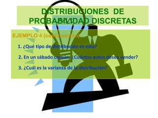 DISTRIBUCIONES DE
PROBABILIDAD DISCRETAS
EJEMPLO 4 (continuación):
1. ¿Qué tipo de distribución es esta?
2. En un sábado común, ¿Cuántos autos desea vender?
3. ¿Cuál es la varianza de la distribución?
 