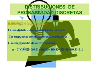 DISTRIBUCIONES DE
PROBABILIDAD DISCRETAS
EJEMPLO 4 (continuación):
Es una distribución de probabilidad discreta
(las respuestas son mutuamente excluyentes).
El numero medio de autos vendidos:
µ = Σ[x*P(X)]=0(0.1) +1(0.2)+ 2(0.3)+ 3(0.3)+4(0.1)=2.1
 