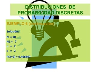 DISTRIBUCIONES DE
PROBABILIDAD DISCRETAS
EJEMPLO 6 (continuación)
Solución:
N = 10
N1 = 7
n = 2
x = 2
P(X=2) = 0.466667
 