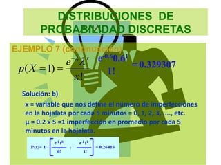 DISTRIBUCIONES DE
PROBABILIDAD DISCRETAS
EJEMPLO 7 (continuación)
e-0.60.61
1!
= 0.329307
( 1)
!
x
e
p X
x



 
Solución: b)
x = variable que nos define el número de imperfecciones
en la hojalata por cada 5 minutos = 0, 1, 2, 3, ...., etc.
µ = 0.2 x 5 =1 imperfección en promedio por cada 5
minutos en la hojalata.
 