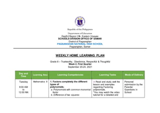 Republic ofthe Philippines
Department ofEducation
DepEd Region VIII- Eastern Visayas
SCHOOLS DIVISION OFFICE OF SAMAR
District of Pagsanghan
PAGSANGHAN NATIONAL HIGH SCHOOL
Pagsanghan, Samar
WEEKLY HOME LEARNING PLAN
Grade 8 – Trustworthy, Obedience, Respectful & Thoughtful
Week 2, First Quarter
September 20-24, 2021
Day and
Time
Learning Area Learning Competencies Learning Tasks Mode of Delivery
Tuesday
8:00 AM
to
12:00 NN
Mathematics 8 1. Factors completely the different
types of
polynomials;
a. Polynomials with common monomial
factor
b. Difference of two squares
 Read and study well the
lesson and examples
regarding Factoring
polynomials.
*You may watch the video
tutorial for a detailed and
Personal
submission by the
Parents/
Guardians in
School
 