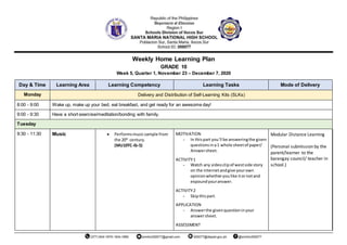 Weekly Home Learning Plan
GRADE 10
Week 5, Quarter 1, November 23 – December 7, 2020
Day & Time Learning Area Learning Competency Learning Tasks Mode of Delivery
Monday Delivery and Distribution of Self-Learning Kits (SLKs)
8:00 - 9:00 Wake up, make up your bed, eat breakfast, and get ready for an awesome day!
9:00 - 9:30 Have a short exercise/meditation/bonding with family.
Tuesday
9:30 - 11:30 Music  Performsmusicsample from
the 20th
century.
(MU10TC-Ib-5)
MOTIVATION
- In thispart you`ll be answeringthe given
questionsina1 whole sheetof paper/
Answersheet.
ACTIVITY1
- Watch any videoclipof westside story
on the internetandgive yourown
opinionwhetheryoulike itornotand
expoundyouranswer.
ACTIVITY2
- Skipthispart.
APPLICATION
- Answerthe givenquestioninyour
answersheet.
ASSESSMENT
Modular Distance Learning
(Personal submission by the
parent/learner to the
barangay council/ teacher in
school.)
 