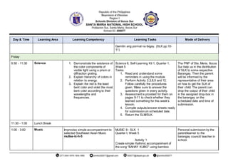 Day & Time Learning Area Learning Competency Learning Tasks Mode of Delivery
Gamitin ang pormat na ibigay. (SLK pp.10-
11)
Friday
9:30 - 11:30 Science 1. Demonstrate the existence of
the color components of
visible light using a prism or
diffraction grating.
2. Explain hierarchy of colors in
relation to energy.
3. Explain the red is the least
bent color and violet the most
bent color according to their
wavelengths and
frequencies.
Science 8, Self-Learning Kit 1, Quarter 1,
Week 5
Tasks:
1. Read and understand some
reminders in using the module
2. Perform Activity 2,3,8,9 and 12.
Follow carefully the procedures
given. Make sure to answer the
questions given in every activity.
3. Assessment is provided for them on
pages 9-11 to check whether they
learned something for this week’s
lesson.
4. Compile outputs/answer sheets ready
for submission on scheduled date.
5. Return the SLM/SLK.
The PNP of Sta. Maria, Ilocos
Sur help us in the distribution
of SLK to some respective
Barangay. Then the parent
will be informed by the
representative of their area
on how to get the SLK of
their child. The parent can
drop the output of their child
in the assigned drop-box in
the barangay on the
scheduled date and time of
submission.
11:30 - 1:00 Lunch Break
1:00 - 3:00 Music Improvise simple accompaniment to
selected Southeast Asian Music
mu8se-lc-h-5
MUSIC 8– SLK 1
Quarter I, Week 5
Activity 1
Create simple rhythmic accompaniment of
the song “BAHAY KUBO” using bamboo
Personal submission by the
parent/learner to the
barangay council/ teacher in
school.
 