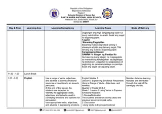 Day & Time Learning Area Learning Competency Learning Tasks Mode of Delivery
Dugtungan ang mga pangungusap ayon sa
iyong naiintindihan sa aralin. Isulat ang sagot
sa sagutang papel.
Tayahin
Maraming Pagpipilian
Basahing mabuti ang bawat tanong o
sitwasyon at piliin ang tamang sagot. Titik
lamang ang isulat sa sagutang papel.
Karagdagang Gawain
GAWAIN 4: Islogan ng Pamilya Ko
Gumawa ng isang islogan na magpapakita
sa mensahe ng kahalagahan sa pagbibigay
ng edukasyon, paggabay sa pagpapasya at
paghubog sa pananampalataya sa pamilya.
Isulat ang sagot sa sagutang papel.
11:30 - 1:00 Lunch Break
1:00 - 3:00 English Use a range of verbs, adjectives,
and adverbs to convey emotional
response or reactions to an issue to
persuade.
At the end of the lesson, the
students are expected to:
•identify the appropriate verbs,
adjectives, and adverbs used in
conveying emotions and opinions for
persuasion;
•use appropriate verbs, adjectives,
and adverbs in expressing emotions
English Module 5
Lesson 5: Expressing Emotional Responses
Using a Range of Verbs, Adjectives, and
Adverbs
Quarter I, Weeks 5,6 & 7
Week 1: Lesson 1 Using Verbs to Express
Emotional Reaction
1.Review/Motivation
The students answer an activity about the
previous lesson on modal verbs.
2. Discussion
Using Verbs to Express Emotional
Modular distance learning.
Modules are distributed
through the help of the
barangay officials.
 