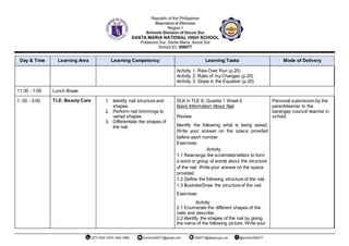 Day & Time Learning Area Learning Competency Learning Tasks Mode of Delivery
Activity 1: Rise Over Run (p.20)
Activity 2: Ratio of my Changes (p.20)
Activity 3: Slope in the Equation (p.20)
11:30 - 1:00 Lunch Break
1: 00 - 3:00 TLE: Beauty Care 1. Identify nail structure and
shapes.
2. Perform nail trimmings to
varied shapes.
3. Differentiate the shapes of
the nail.
SLK in TLE 8, Quarter 1 Week 5
Basic Information About Nail
Review
Identify the following what is being asked.
Write your answer on the space provided
before each number.
Exercises
Activity
1.1 Rearrange the scrambled letters to form
a word or group of words about the structure
of the nail. Write your answer on the space
provided.
1.2 Define the following structure of the nail.
1.3 Illustrate/Draw the structure of the nail.
Exercises
Activity
2.1 Enumerate the different shapes of the
nails and describe.
2.2 Identify the shapes of the nail by giving
the name of the following picture. Write your
Personal submission by the
parent/learner to the
barangay council/ teacher in
school.
 
