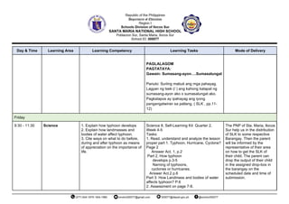 Day & Time Learning Area Learning Competency Learning Tasks Mode of Delivery
PAGLALAGOM
PAGTATAYA:
Gawain: Sumasang-ayon….Sumasalungat
Panuto: Suriing mabuti ang mga pahayag.
Lagyan ng tsek (/ ) ang kahong katapat ng
sumasang-ayon ako o sumasalungat ako.
Pagkatapos ay ipahayag ang iyong
pangangatwiran sa patlang. ( SLK , pp.11-
12)
Friday
9:30 - 11:30 Science 1. Explain how typhoon develops
2. Explain how landmasses and
bodies of water affect typhoon.
3. Cite ways on what to do before,
during and after typhoon as means
of appreciation on the importance of
life.
Science 8, Self-Learning Kit Quarter 2,
Week 4-5
Tasks:
1. Read, understand and analyze the lesson
proper part 1. Typhoon, Hurricane, Cyclone?
Page 2
Answer Act. 1, p.2
Part 2, How typhoon
develops p.3-5
Naming of typhoons,
cyclones or hurricanes.
Answer Act.2 p.6
Part 3: How Landmass and bodies of water
affects typhoon? P.6
2. Assessment on page 7-8.
The PNP of Sta. Maria, Ilocos
Sur help us in the distribution
of SLK to some respective
Barangay. Then the parent
will be informed by the
representative of their area
on how to get the SLK of
their child. The parent can
drop the output of their child
in the assigned drop-box in
the barangay on the
scheduled date and time of
submission.
 