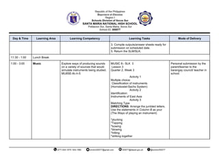 Day & Time Learning Area Learning Competency Learning Tasks Mode of Delivery
3. Compile outputs/answer sheets ready for
submission on scheduled date.
5. Return the SLM/SLK.
11:30 - 1:00 Lunch Break
1:00 - 3:00 Music Explore ways of producing sounds
on a variety of sources that would
simulate instruments being studied.
MU8SE-IIc-h-5
MUSIC 8– SLK 3
Lesson 3
Quarter 2, Week 3
Activity 1
Multiple choice:
Classification of instruments
(Hornsbostel-Sachs System)
Activity 2
Identification:
Instruments of East Asia
Activity 3
Matching Type
DIRECTIONS: Arrange the jumbled letters.
Use the statements in Column B as your
(The Ways of playing an instrument)
*plucking
*Tapping
*bowing
*blowing
*hitting
*striking together
Personal submission by the
parent/learner to the
barangay council/ teacher in
school.
 