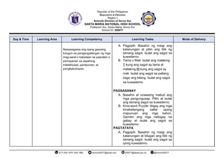 Day & Time Learning Area Learning Competency Learning Tasks Mode of Delivery
Naisasagawa ang isang gawaing
tutugon sa pangangailangan ng mga
mag-aaral o kabataan sa paaralan o
pamayanan sa aspetong
intelektuwal, panlipunan, at
pangkabuhayan.
A. Pagpipili: Basahin ng maigi ang
katanungan at piliin ang titik ng
tamang sagot. Isulat ang sagot sa
kuwaderno.
B. Tama o Mali: Isulat ang malaking
T kung ang sagot ay tama at
malaking M kung ang sagot ay
mali. Isulat ang sagot sa patlang
bago ang bilang. Isulat ang sagot
sa kuwaderno
PAGSASANAY
A. Basahin at unawaing mabuti ang
mga pangungusap. Piliin at isulat
ang tamang sagot sa kuwaderno.
B. Kros-word Puzzle: Ibigay ang mga
kinakailangang salita upang
mapunuan ang mga kahon.
Gamitin ang mga naibigay na
gabay at isulat ang sagot sa
kuwaderno.
PAGTATAYA
A. Pagpipili: Basahin ng maigi ang
katanungan at bilugan ang titik ng
tamang sagot. Isulat ang sagot sa
iyong kuwaderno.
 