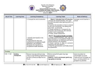 Day & Time Learning Area Learning Competency Learning Tasks Mode of Delivery
3. Compute the cost of production
1. Identify work hazards in the
workplace
2. Appreciate the value and
importance of occupational health
standards in the workplace
Recognize the importance of
occupational health standards
Week 4: Calculate Cost of Production
1.Answer the review/motivation, then read
the short discussion about gaining profit on a
business.
2. Examine the examples on how to compute
for the cost of production, the selling price,
peso mark - up and profit.
3. Answer exercise no.1 Compute for the
production cost of buko pie, then exercise
number 2 and 3 respectively.
4. Finally, answer assessment.
Week 5: Occupational Health and Safety
1. Answer review/motivation, then read the
short discussion on Occupational Health and
Safety procedures, its importance and how to
prevent hazards in the workplace.
2. Answer exercise A. Give an acronymn
meaning to the word SAFETY
3. Read the generalization and finally answer
the assessment.
barangay council/ teacher in
school.
Thursday
9:30 - 11:30 Araling
Panlipunan
Nasusuri ang pag-usbong at pag-
unlad ng mga Klasikong Kabihasnan
sa Africa, America at Mga Pulo sa
Pacific
Mula sa iyong SLM, gawin ang mga
sumusunod:
PANUTO: Suriin ang larawan gamit ang
mga gabay na tanong
Ipasa ang awtput sa
pamamagitan ng social
media account na ibinigay ng
guro o sa ibang platform na
ginagamit ng paaralan.
 