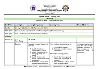 Weekly Home Learning Plan
GRADE 9
Quarter 2- Week 1, January 11-16, 2021
Day & Time Learning Area Learning Competency Learning Tasks Mode of Delivery
Monday Delivery and Distribution of Self-Learning Kits (SLKs)
8:00 - 9:00 Wake up, make up your bed, eat breakfast, and get ready for an awesome day!
9:00 - 9:30 Have a short exercise/meditation/bonding with family.
Tuesday
9:30 - 11:30 TLE No Module
Care Giving
Cookery Prepare a Variety of Salads and Form the SLM, read the following The parent/guardian can
Dressings drop the output in the
1. Components of salad; assigned drop-box in
1. Identify the different 2. Factors to consider in salad their barangay on the
components of salads; preparation. scheduled date of
2. Identify the guidelines for submission.
arranging salads into a Answer the following activity:
platter;
3. Identify the important 1. Identify the following salad
factors to consider in salad ingredients according to its
preparation; structure.
4. Perform the procedure for 2. Fill in the blanks with the correct
quantity salad production; word or group of word.
 