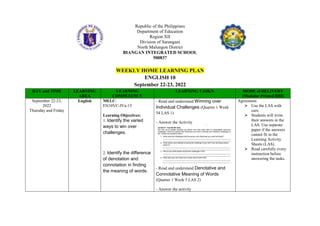 Republic of the Philippines
Department of Education
Region XII
Division of Sarangani
North Malungon District
BIANGAN INTEGRATED SCHOOL
500837
WEEKLY HOME LEARNING PLAN
ENGLISH 10
September 22-23, 2022
DAY and TIME LEARNING
AREA
LEARNING
COMPETENCY
LEARNING TASK/S MODE of DELIVERY
(Modular Printed/RBI)
September 22-23,
2022
Thursday and Friday
English MELC:
EN10VC-IVa-15
Learning Objectives:
1. Identify the varied
ways to win over
challenges.
2. Identify the difference
of denotation and
connotation in finding
the meaning of words.
- Read and understand Winning over
Individual Challenges (Quarter 1 Week
54 LAS 1)
- Answer the Activity
- Read and understand Denotative and
Connotative Meaning of Words
(Quarter 1 Week 5 LAS 2)
- Answer the activity
Agreement:
 Use the LAS with
care.
 Students will write
their answers in the
LAS. Use separate
paper if the answers
cannot fit in the
Learning Activity
Sheets (LAS).
 Read carefully every
instruction before
answering the tasks.
 