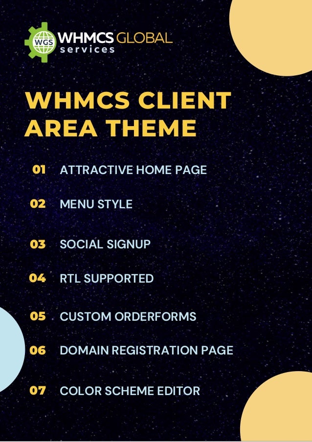 01 ATTRACTIVE HOME PAGE
02 MENU STYLE
03 SOCIAL SIGNUP
04 RTL SUPPORTED
05 CUSTOM ORDERFORMS
06 DOMAIN REGISTRATION PAGE
COLOR SCHEME EDITOR
07
WHMCS CLIENT
AREA THEME
 