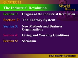 CHAPTER 13
The Industrial Revolution
Section 1:   Origins of the Industrial Revolution
Section 2: The Factory System
Section 3:   New Methods and Business
             Organizations
Section 4:   Living and Working Conditions
Section 5:   Socialism
 