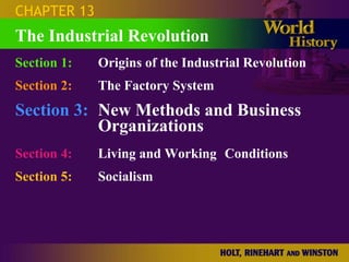 CHAPTER 13
The Industrial Revolution
Section 1:   Origins of the Industrial Revolution
Section 2:   The Factory System
Section 3: New Methods and Business
           Organizations
Section 4:   Living and Working Conditions
Section 5:   Socialism
 