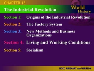 CHAPTER 13
The Industrial Revolution
Section 1:   Origins of the Industrial Revolution
Section 2:   The Factory System
Section 3:   New Methods and Business
             Organizations
Section 4: Living and Working Conditions
Section 5:   Socialism
 