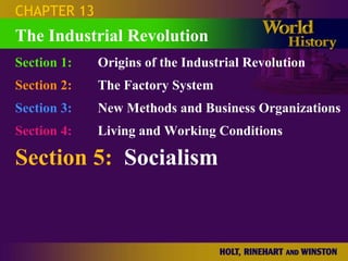 CHAPTER 13
The Industrial Revolution
Section 1:   Origins of the Industrial Revolution
Section 2:   The Factory System
Section 3:   New Methods and Business Organizations
Section 4:   Living and Working Conditions

Section 5: Socialism
 