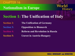 CHAPTER 16 Section 1: The Unification of Italy Section 2: The Unification of Germany Section 3: Opposition to Bismarck Section 4:   Reform and Revolution in Russia Section 5:   Unrest in Austria-Hungary Nationalism in Europe 