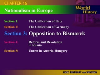 CHAPTER 16 Section 1: The Unification of Italy Section 2: The Unification of Germany Section 3: Opposition to Bismarck Section 4:   Reform and Revolution  in Russia Section 5:   Unrest in Austria-Hungary Nationalism in Europe 