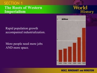 SECTION 1
The Roots of Western
Imperialism
Rapid population growth
accompanied industrialization.
More people need more jobs
AND more space.
 