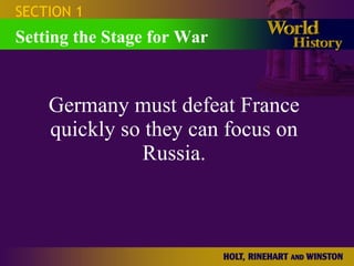 Germany must defeat France quickly so they can focus on Russia. SECTION 1 Setting the Stage for War 