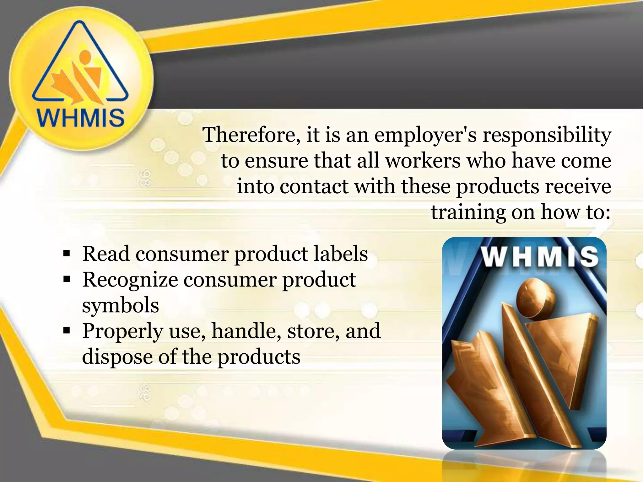 Classes ofChemicals and Divisions6 Classes, 8 SymbolsClass D has 3 divisionsA - Compressed GasB - FlammableC - OxidizingD - ToxicE - CorrosiveF - Dangerously   	Reactive