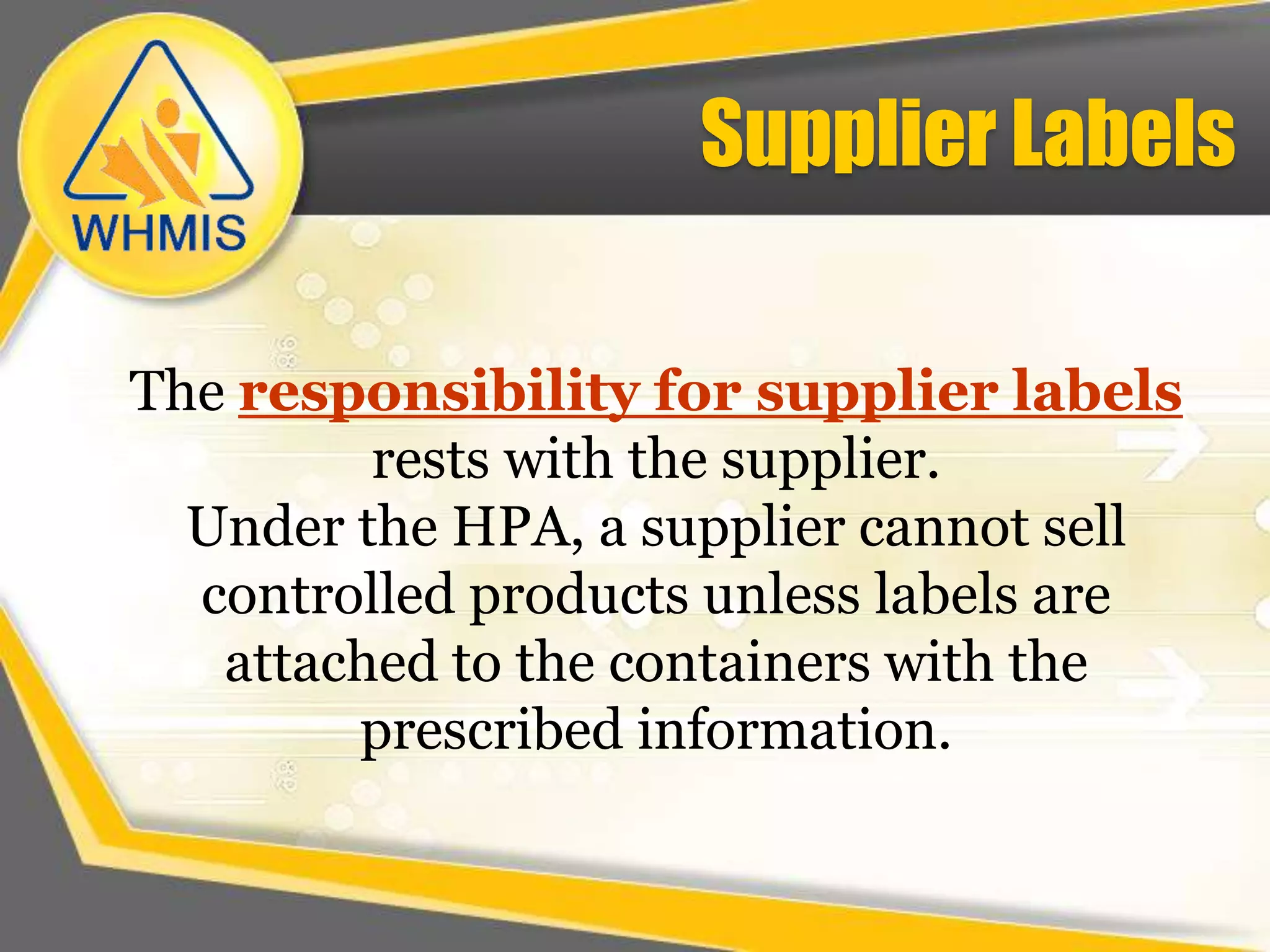 Class E: Corrosive MaterialWHMIS groups together chemicals that can corrode metal or destroy skin into a corrosive materials class. Included in the class are many of the common acids such as sulphuric acid, (used in automotive batteries) Class F: Dangerously Reactive Material The last WHMIS class brings together all those chemicals that present a hazard as a result of their tendency to undergo violent reaction. The chemical reaction can sometimes lead to a fire or an explosion. 